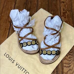 Louis Vuitton women’s sandals leather gold flat sandals camel size 37